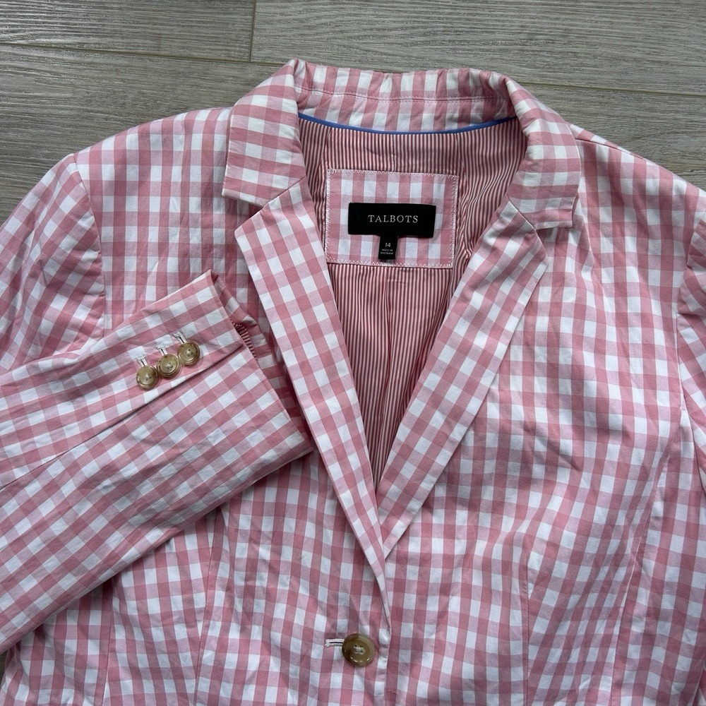 Talbots Size 14 Pink Gingham Blazer Cotton Blend Preppy Career Jacket